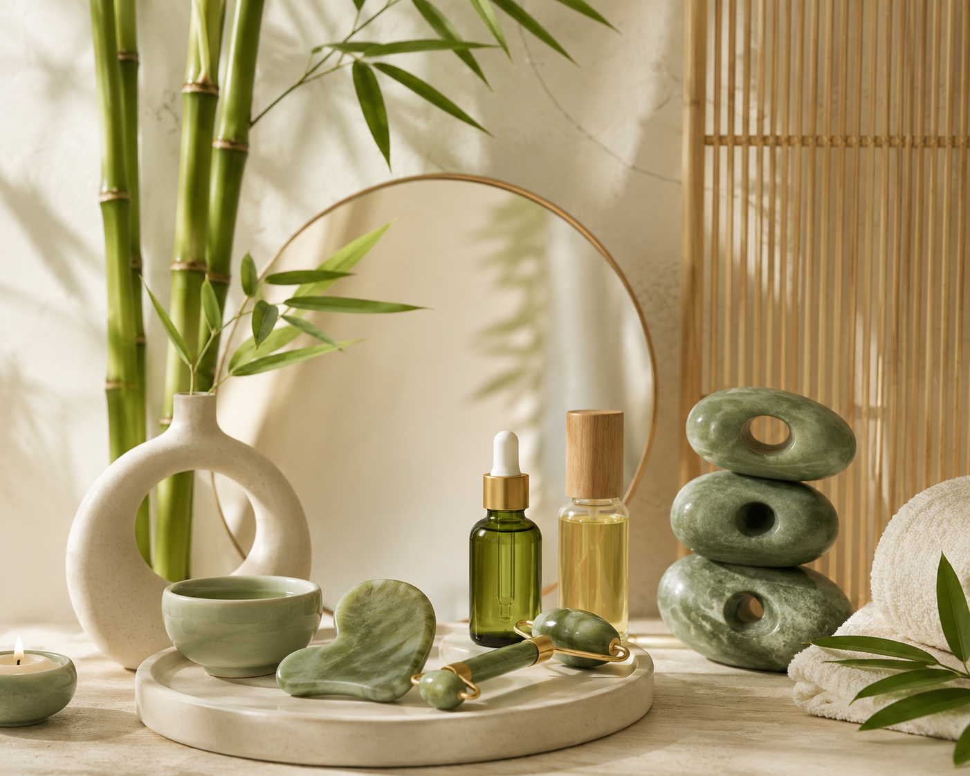 Ritual de yoga facial con gua sha, rodillo de cuarzo y té verde