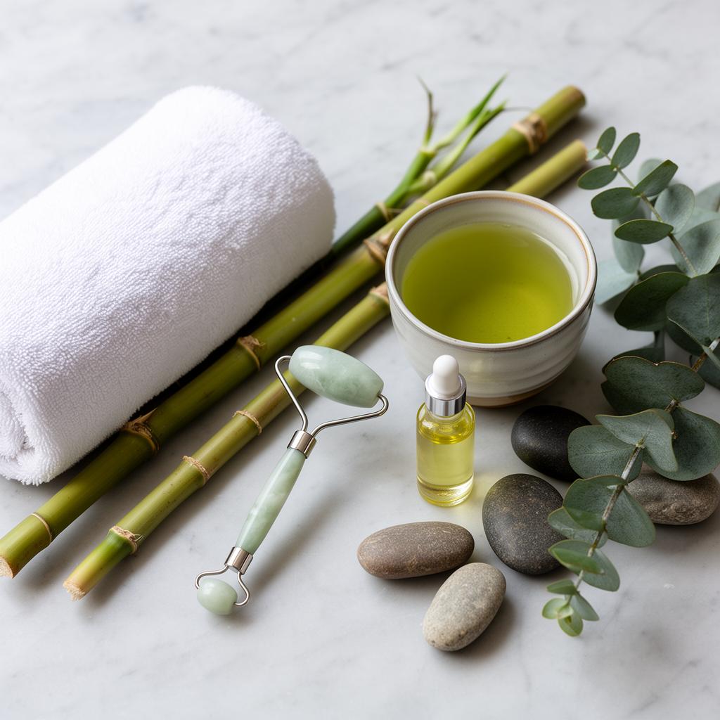 Set de yoga facial: toalla, rodillo de jade, aceite, bambú y piedras