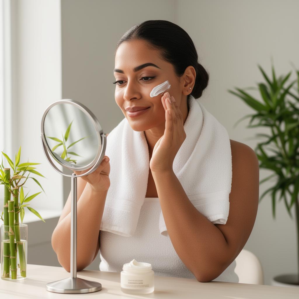 Mujer aplicando crema frente al espejo